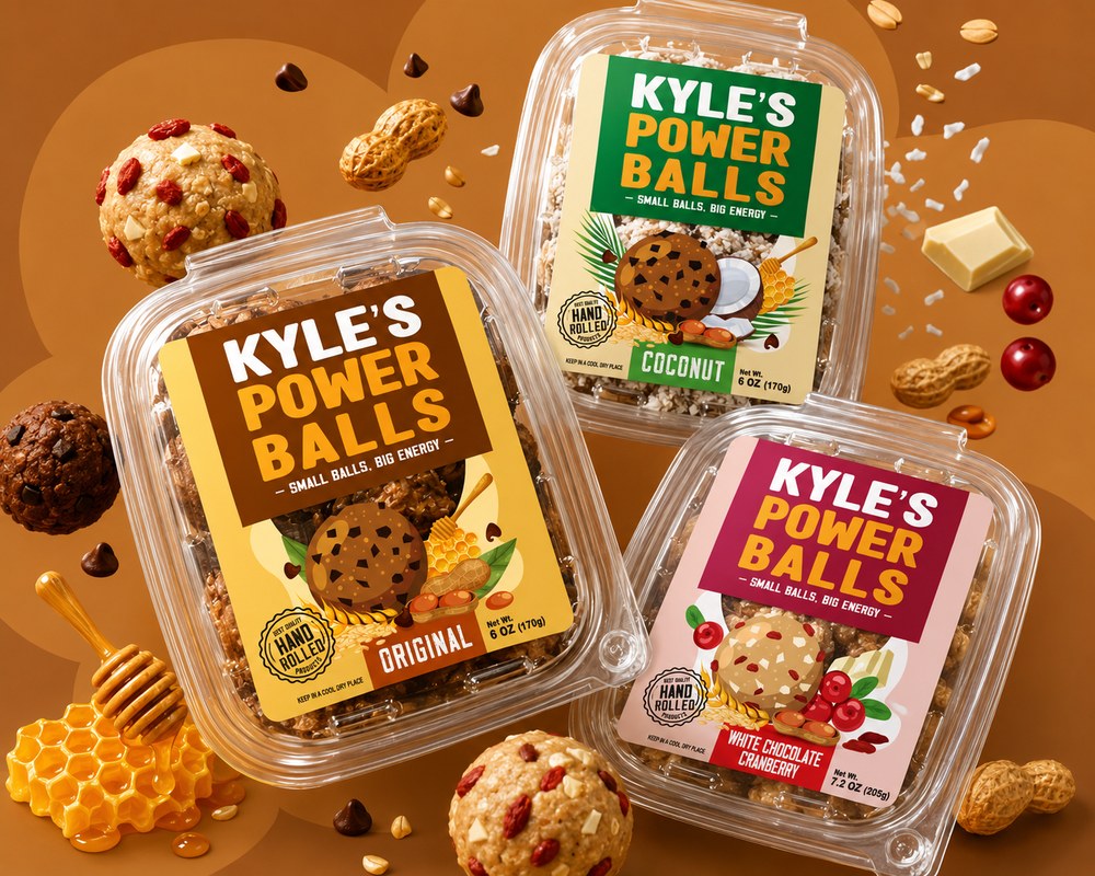 All three Kyle's Power Balls flavors: Original, Coconut, and White Chocolate Cranberry